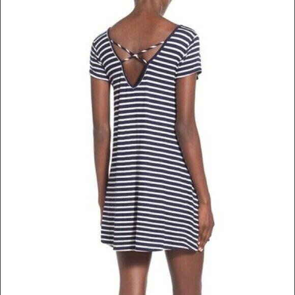 Socialite Blue & White Striped Criss Cross Back Dress - Size Medium - Mini Dress - Picture 1 of 7